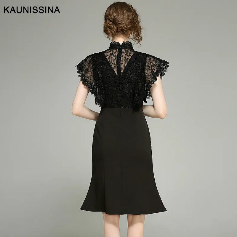 KAUNISSINA, черное коктейльное платье, вечерние платья, длина до колен, кружевное лоскутное короткое платье с молнией на спине, платья для выпускного вечера, платье-Русалка для выпускного