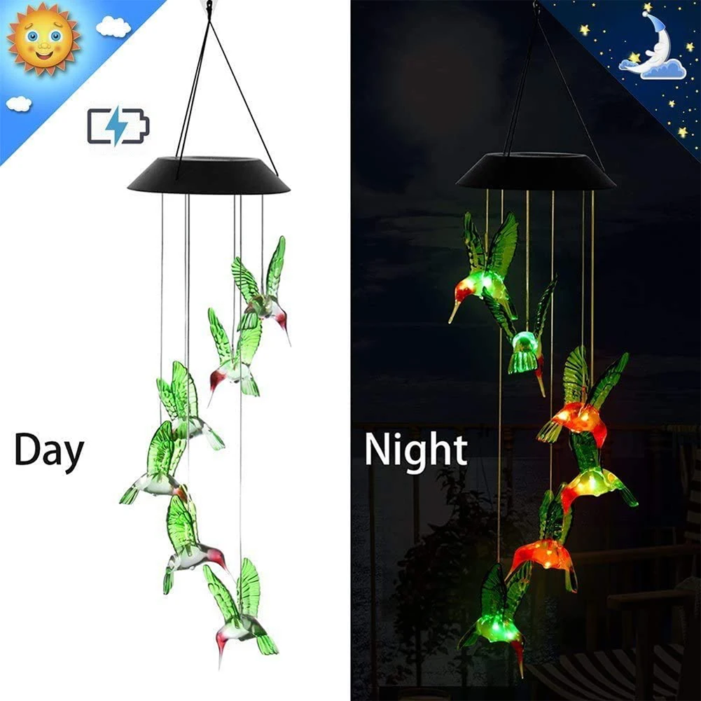 Outdoor Hanging Home Garden Romantic Hanging Pendant Wind Chimes Lights Led Solar Hummingbird Wind Chimes Color Changing Light 5