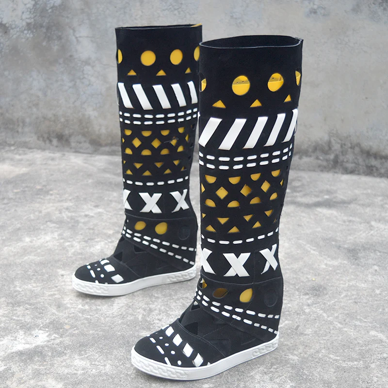 Black White Suede Cross Braided Patchwork Boots Woman 8cm Inner Increased Wedge Heel Knee Boots Geometric Cutout Roman Botas