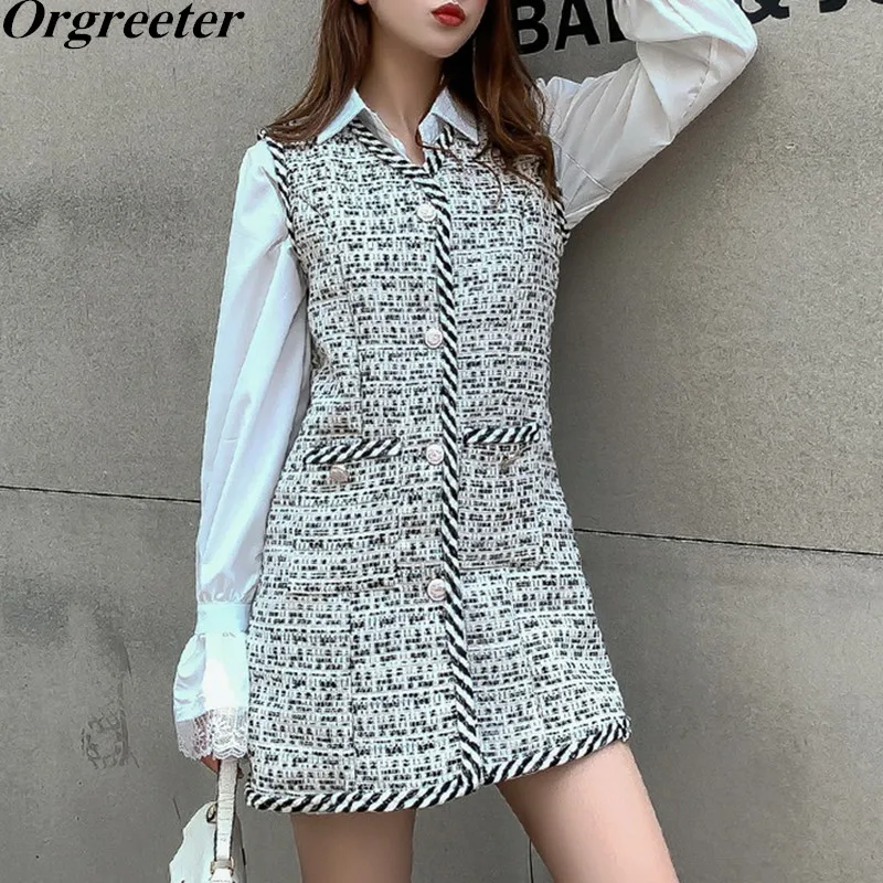 

Tweed Vest Dress Sets Autumn New Flare Sleeve Lace Trim White Shirts and Plaid Tweed Sleeveless Mini Dress Sets Ladies Twinset