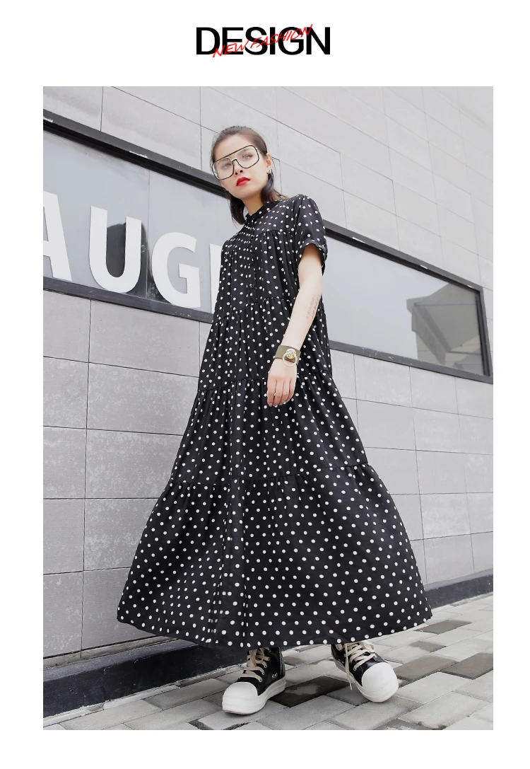 Pokla Dot Dresses For Women Short Sleeve Oversized Ankle Length Dress Female Casual Fashion Clothes Summer AE564
