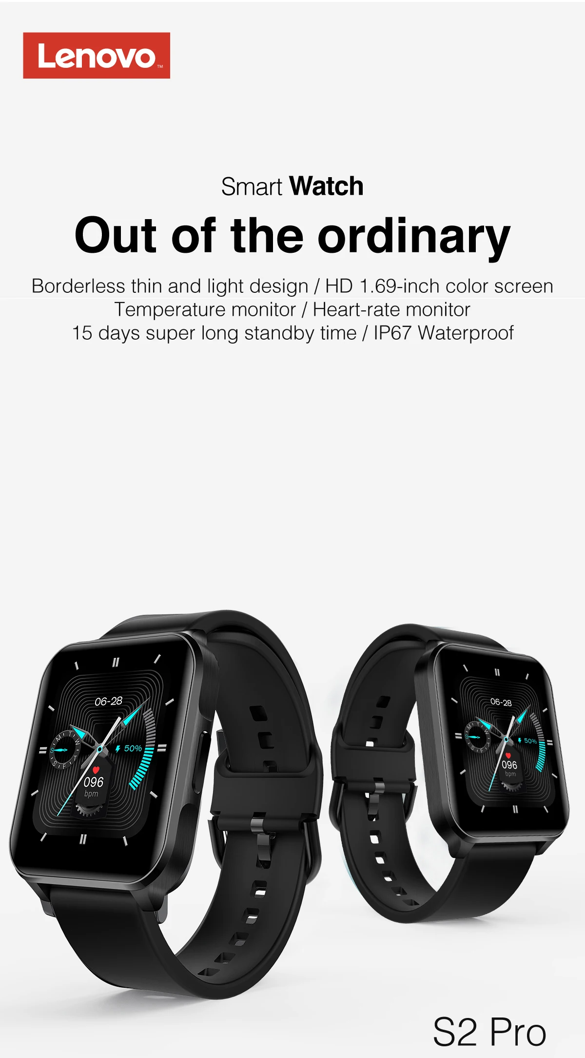 2021 Lenovo S2 Pro Smartwatch 1.69'' HD Screen Waterproof Fitness Heart Rate Monitor Sleep Monitoring Global Version