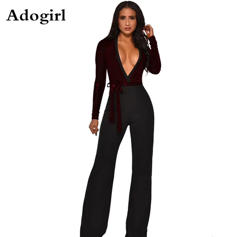 Цветной лоскутный комбинезон с блестками глубоким v-образным вырезом и поясом