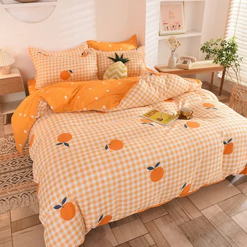 

birthday present Orange printing bedding set king queen full single family size bed sheet pillowcase & duvet cover set