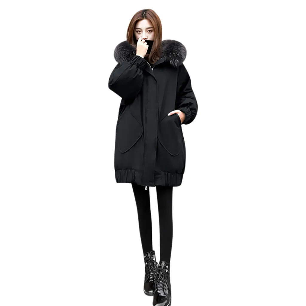 Xs-2xl, женский пуховик, повседневная Хлопковая женская зимняя куртка, длинная парка с капюшоном, женская теплая куртка с меховым воротником, пальто# J30 - Цвет: Black