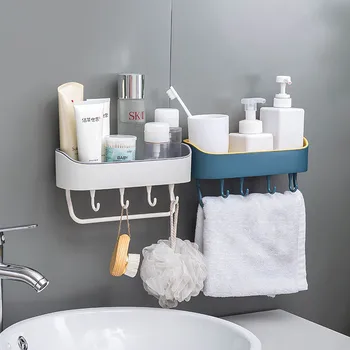 

Plastic Suction Cup Bathroom Kitchen Holders Storage Rack Draining Design Wall-Mounted Organizer Shower Shelf With Hook