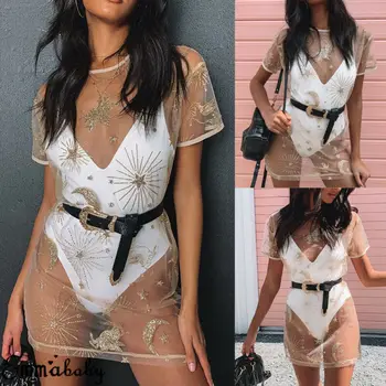 

Women's Gold sequins Shiny Glitter See-through Bikini Cover Up Swimwear Swimsuit Bathing Summer Short Sleeve Beach Mini Dress