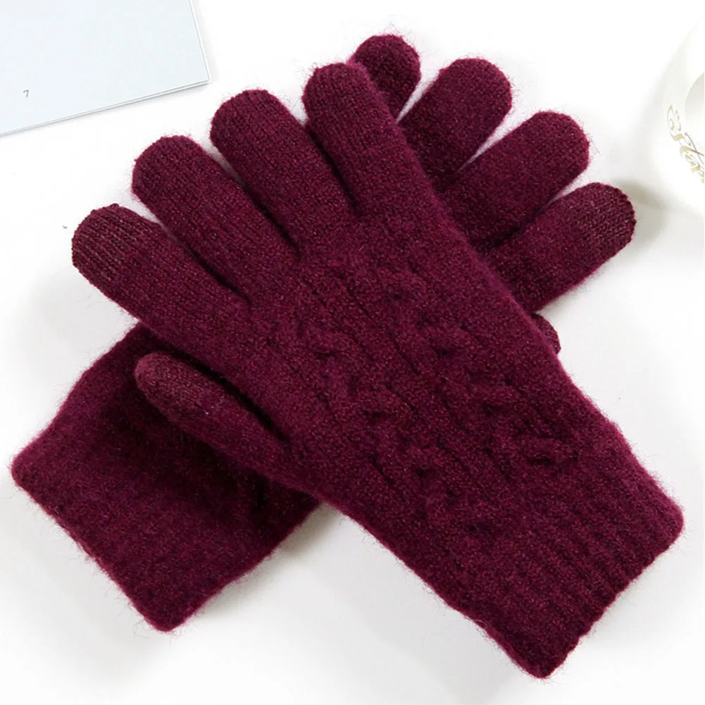 Женские перчатки на осень и зиму, теплые, мягкие, двойной толщины, эластичные, на запястье, искусственная шерсть, для сенсорного экрана, для взрослых, одноцветные, вязаные, на каждый день - Цвет: Коричневый