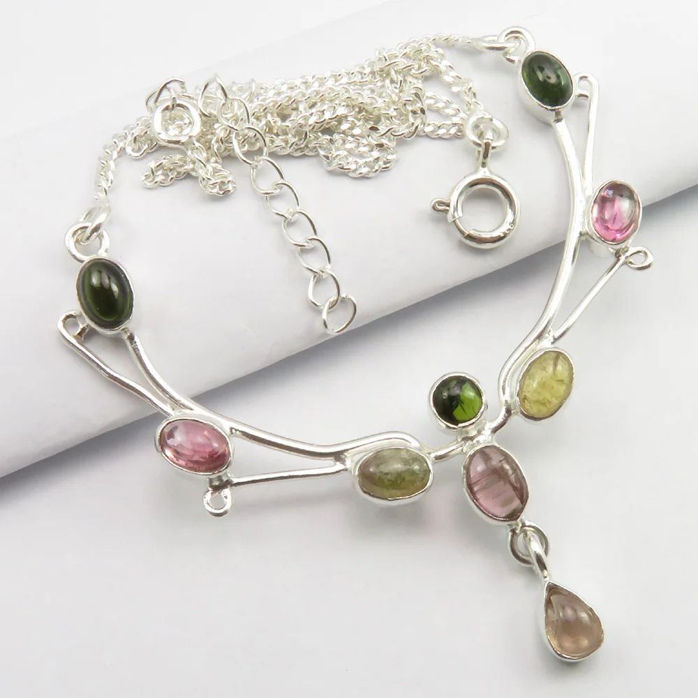 

Cab Tourmaline Chain Necklace 17.9" Solid Silver Women Stone Jewelery