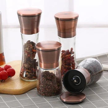 

304S/S copper plated Lead-free glass body manual stainless steel pepper grinder universal seasoning bottle grinder kosher salt