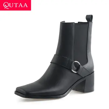 

QUTAA 2021 Ankle Boots Square Heel Cow Leather Stretch Fabrics Women Shoes Autumn Winter Square Toe Short Boots Big Size 34-43