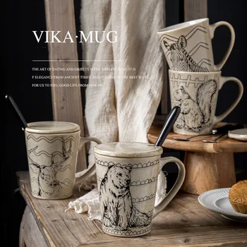 

Vintage Ceramic Mug Family Mug Set 300ml Hand-painted Animal Coffee Cup Office Cup Spoon with Lid Christmas gift