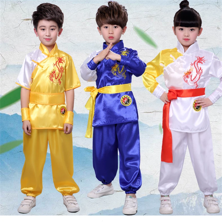Goedkoop Traditionele Chinese Kleding voor Mannen Kids Borduren Dragon Kung Fu Uniformen Oosterse Kinderen Tai Chi Wu Shu Shao Lin Kostuums