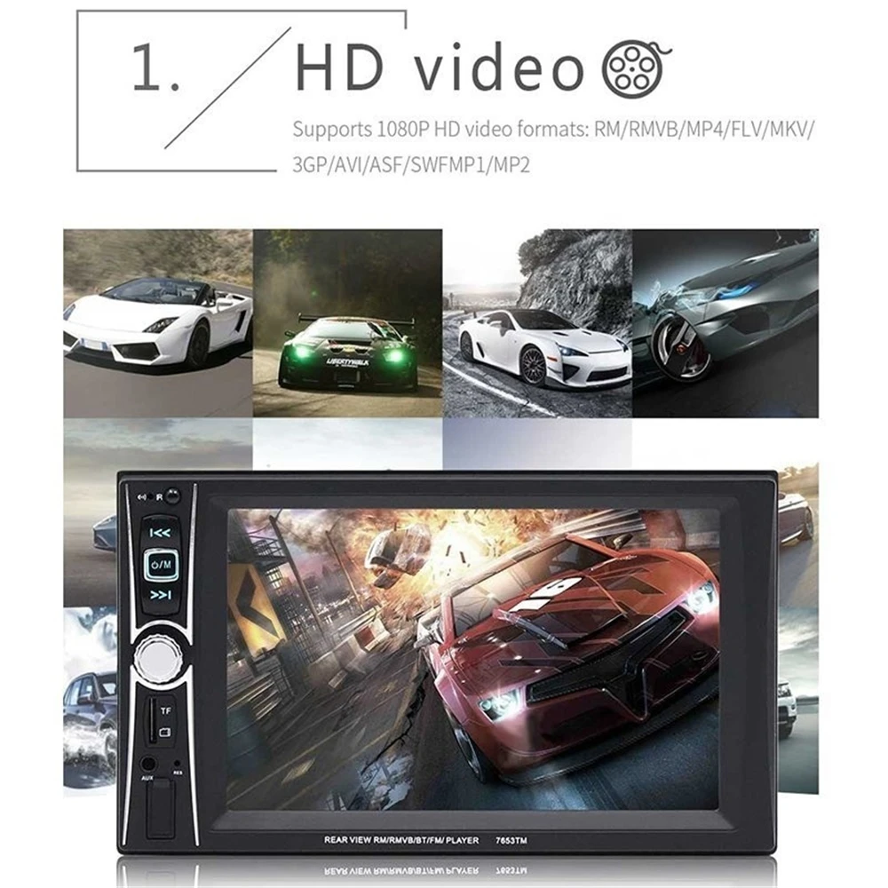 

7653TM 7" HD 2DIN Bluetooth Backlight Touch Car Radio FM Stereo MP5 MP4 Player with Mirror-Link Function Support TF AUX
