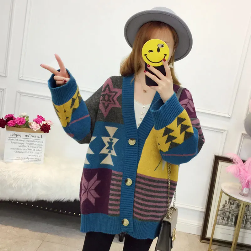 

2019 Spring Clothing New Style Knitted Slimming Laziness-Style Coat Mixed Colors Large Size Loose-Fit Sweater Women's Jacquard L