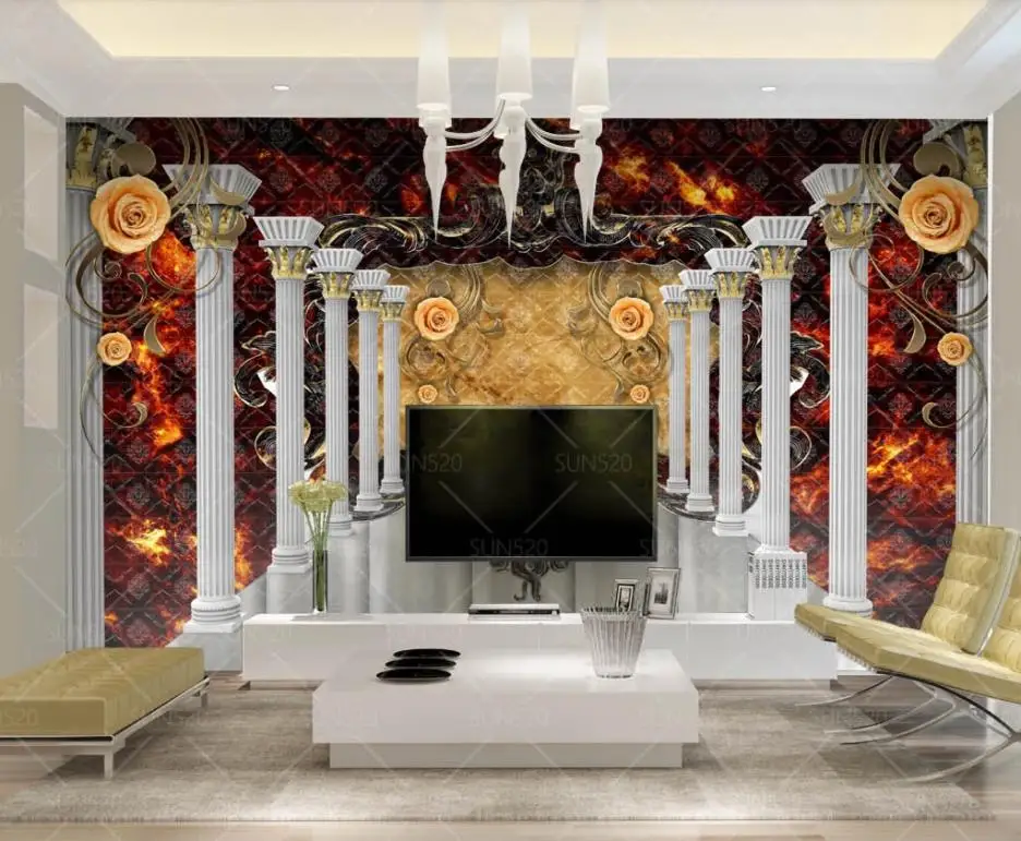 

Custom 3D Mural Wallpaper Roman column rose vine Wall Paper for Bedroom Living Room