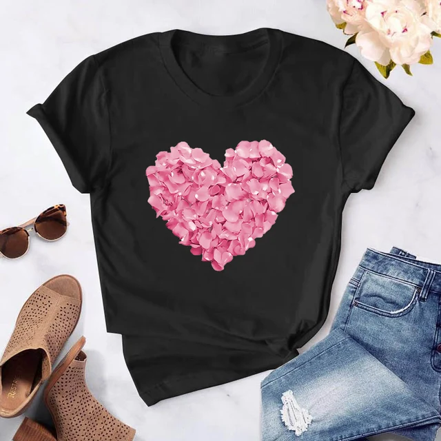 Heart flower print ladies T-shirt ladies casual basis O-collar white shirt short sleeve ladies T-shirt love graphic printing CT-Black-743