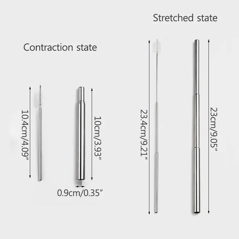 Straw Kitchen Tools Stainless Steel 304 Food Grade Outdoor Portable Reusable Folding Telescopic Straw With Cleaning Brush