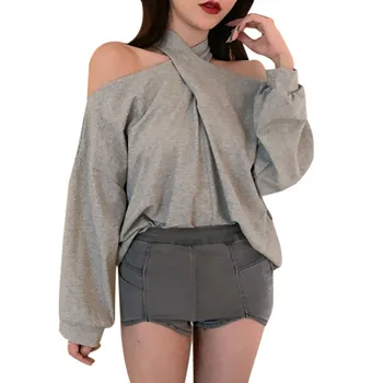 

Women Blouses 2019 Autumn Sexy Cold Shoulder Top Halter Long Sleeve Blouse Plain OL Office Shirt Halter Tops Blusa Feminina