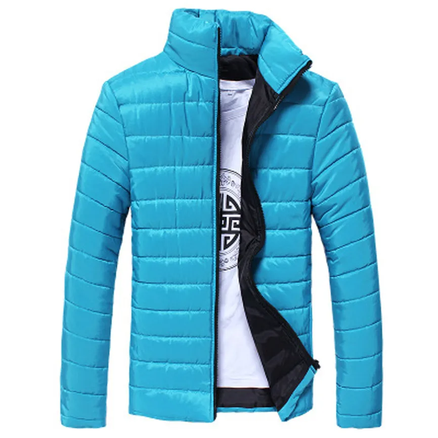 Куртка мужская верхняя одежда с длинным рукавом, сохраняющая тепло, одноцветная, стоячий воротник, тонкое зимнее пальто на молнии, мужские куртки и пальто размера плюс L4-L5 A3 - Цвет: Blue