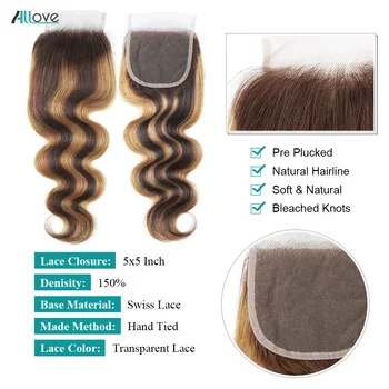 5X5 Transparent Lace Closure 4/27 Highlight Closure Body Wave With Baby Hair Pre-Plucked Honey Blonde Lace Closue - Image 4