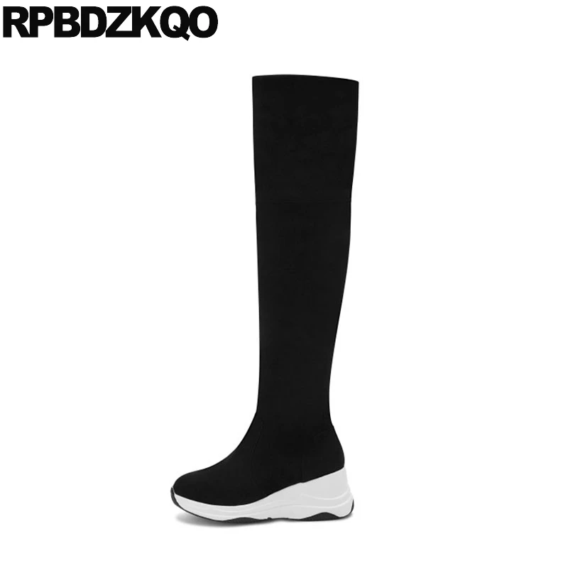 Tall Suede Slim Thigh Women Boots Stretch Wedge Muffin Knee High Black Shoes Over The Platform Elevator Luxury Flatform Long Mid