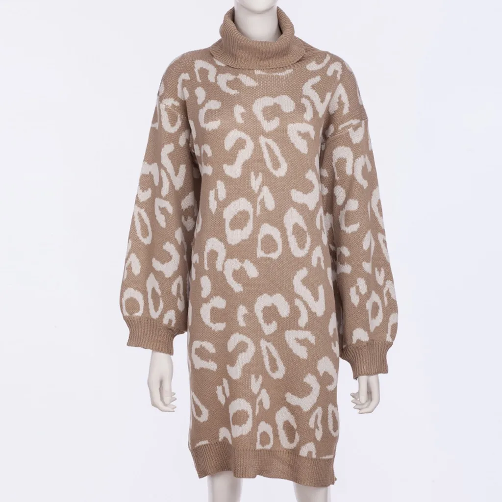 Женский свитер мода плюс размер женский свободный зимний мягкий теплый пуловер Водолазка леопард длинный рукав свитер Мини платье#45 - Color: Khaki