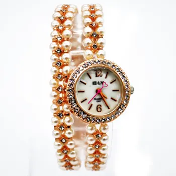 

Fashion Women Pearl bead rhinestone dial bracelet quartz wrist watch