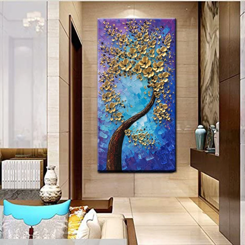 

3D Hand Painted Oil Painting Textured On Canvas Wall Art Golden Rich Tree Flower Plant Poster and Pictures For Living Room Decor