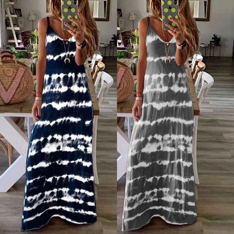 Vestidos largos informales de verano para mujer, ropa Sexy de tirantes finos, vestido Estampado de rayas azul y gris, de grande S 5xl| - AliExpress