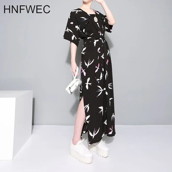 

2019 Spring Summer V-collar Short Sleeve Print Patchwork Pullovers Casual Loose Long Dress Women Fashion Tide E087
