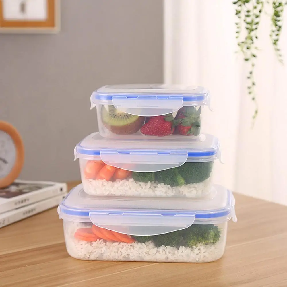 

3pcs Food Storage Container with Lids Rectangular Plastic Lunch Box Stackable Microwave Kitchen Meal Container