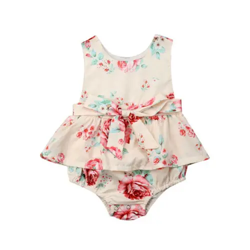 

Newborn Baby Girl Clothes Sleeveless Floral Print Ruffle Bodysuit Jumpsuit Bowknot Outfits Clothes