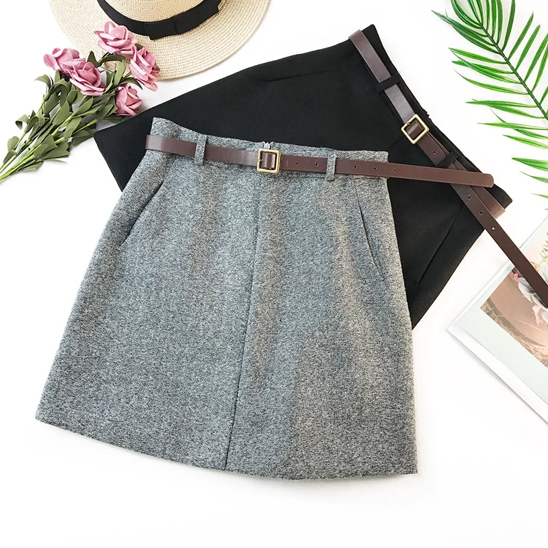 2020 Spring Summer New Arrival Vintage Quality Temperament High Waist A-line Office Skirts Womens With Belt Woolen Mini Skirt 2020 Spring Summer New Arrival Vintage Quality Temperament High Waist A-line Office Skirts Womens With Belt Woolen Mini Skirt