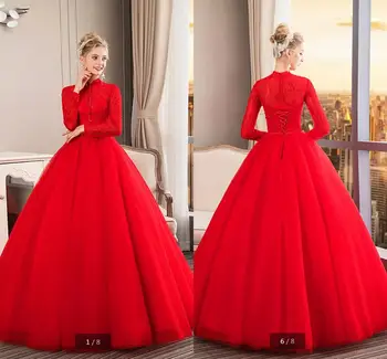

2020 new arrival red lace modest long sleeve ball gown wedding dress beaded high neckline beaded sequins muslim bridal gowns