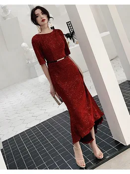 

New burgundy sexy sequin evening dress boat collar five-point sleeve sequin dress high and low evening dress 2020