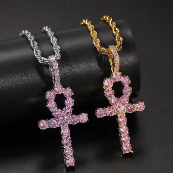 

New Hip Hop Necklace with Pink Zircon Egypt Ankh Key Cross Pendant Fashion Couple Accessories