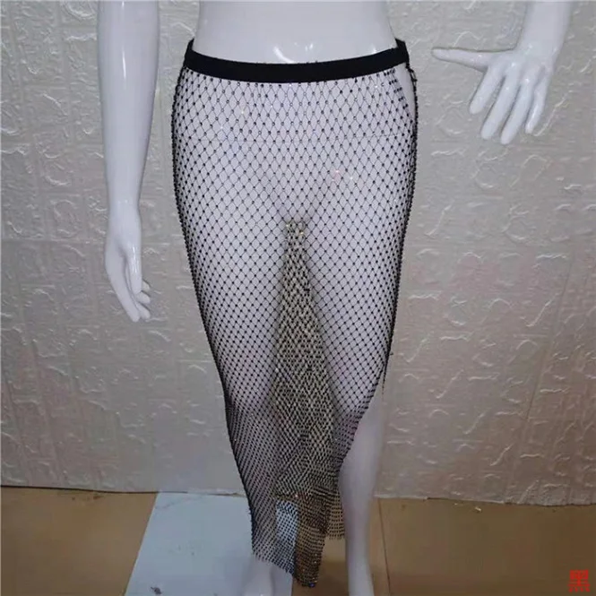 Shiny Rhinestones Grid Long Skirt Women Sexy See Through Side Slit Hollow Skirts Summer Beach Bottom Cover Up Party Skirts - Цвет: Черный