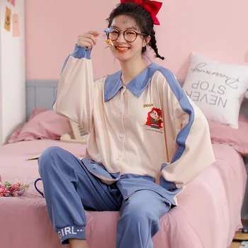 

Cotton Long-sleeved Long Trousers Women Pajamas Set for Spring and Summer Autumn Comfortable Cardigan Tops Ladies Cotton Pajamas