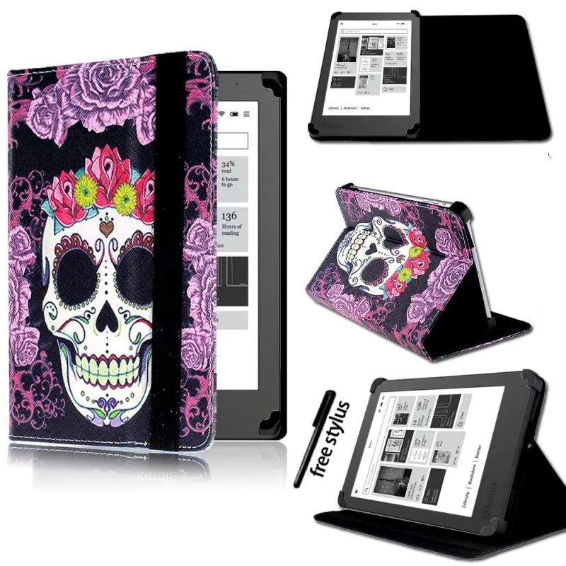 KK&LL для 2013 Kobo Aura " /NEW Aura Edition 2 6" eReader планшет-Кожаная подставка для планшета Folio Smart Cover чехол+ стилус - Цвет: Purple Skull
