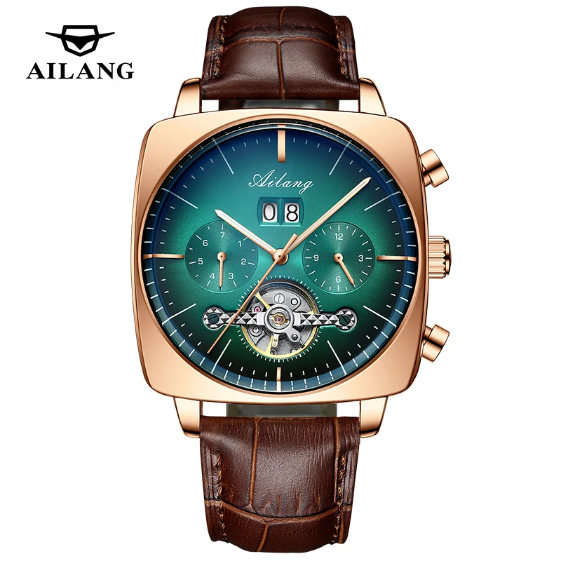 AILANG Brand Luxury Mechanical Watch Square Big Dial Watch Leather Strap Waterproof Fashion Tourbillon Watches Men Zegarek Męski images - 6