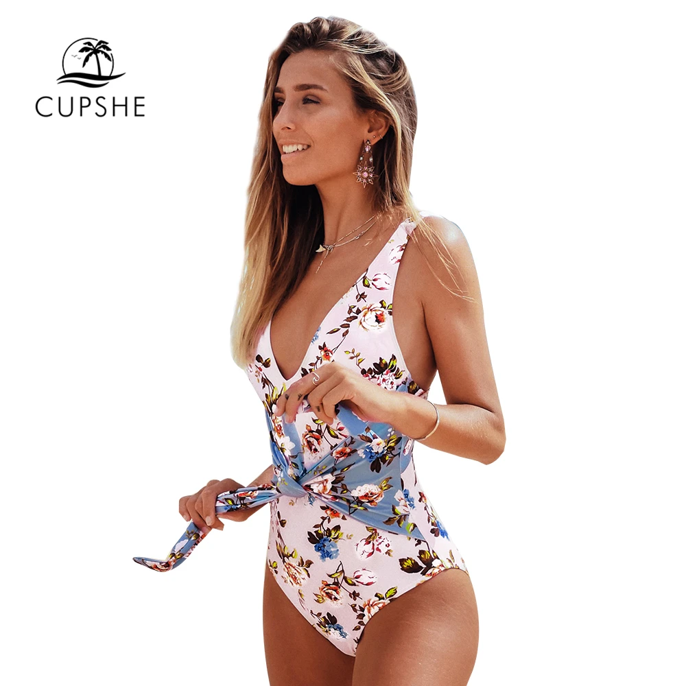 CUPSHE, Цветочный, с завязками спереди, v-образный вырез, Цельный купальник, сексуальный, открытая спина, мягкий, Женский Монокини,, для девушек, пляжный купальник, купальник