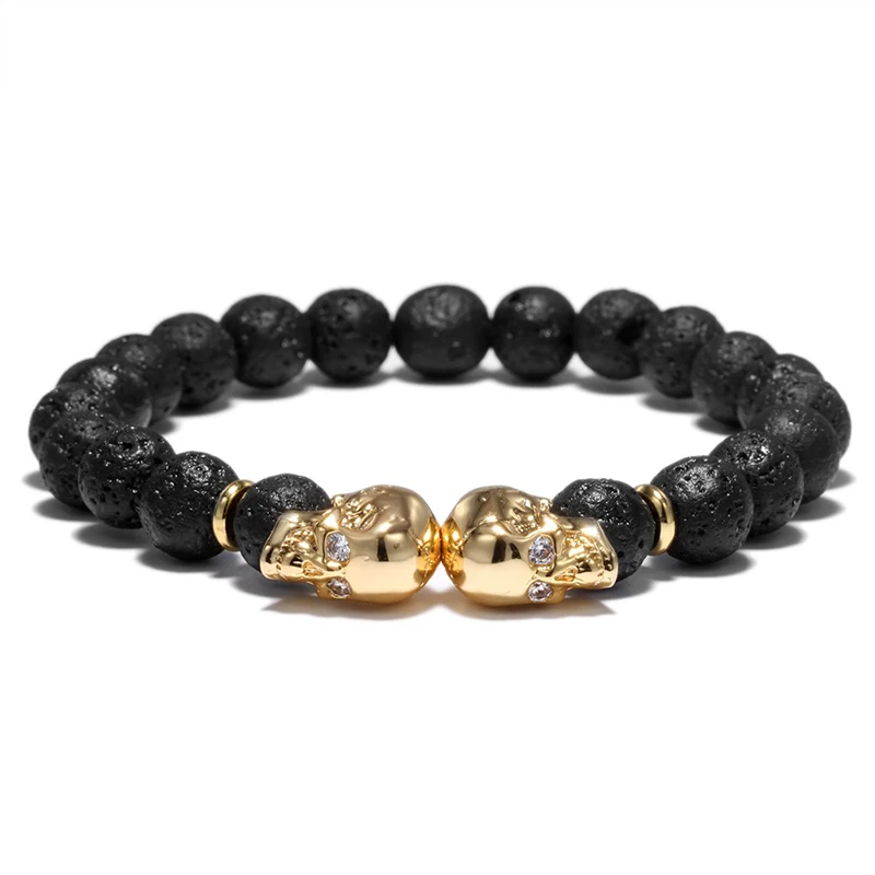 Punk Double Skull Head Design Beads Bracelet 4 Color Natural Stone Beaded Lava Braclet For Men Biker Wristband Jewelry Homme