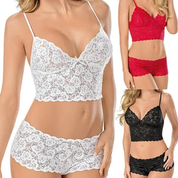 

Women Fashion Bras Sets Solid Color Lace Underwear Plus Size Sexy Transparent Lace Lingerie V Neck Bra and Panty Set for Female