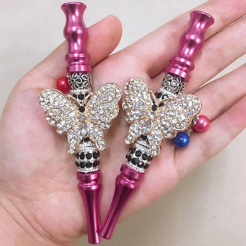 Pink Women Bling Shiny Butterfly Animal Jewelry Ball Handmade Inlaid Blunt Holder Shisha Hookah Detachable Mouthpiece Tips