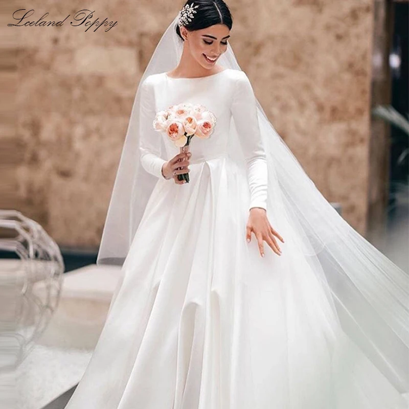 Элегантные атласные свадебные платья трапециевидной формы Vestido de Noiva с глубоким декольте длиной до пола с длинными рукавами Свадебные платья с часовым шлейфом