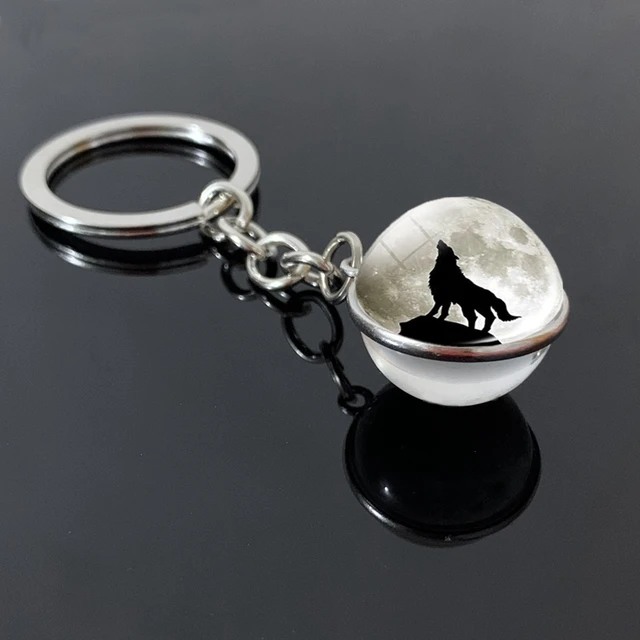 Porte-clés sphérique tête de loup et lune pour hommes et femmes, chaîne  continent, pendentif boule de verre, boule de cristal, bijoux à la mode,  cadeaux, nouveau