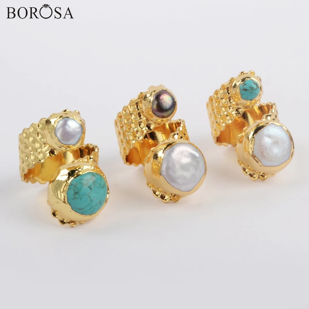 BOROSA 5 шт. позолоченный натуральный белый и черный натуральный шарф с жемчугом кольцо синий Howlite& Белый жемчуг битые кольца девушки подарки G1883