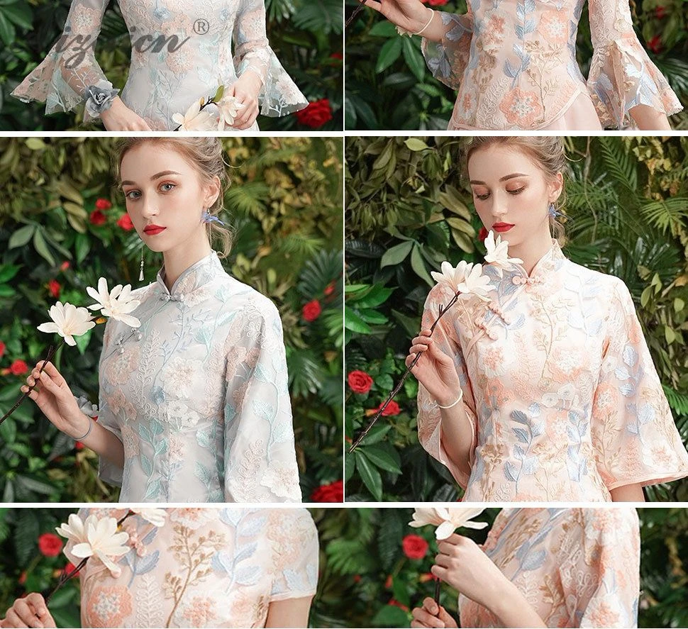 Летние новые кружевные короткие Cheongsam розовые Chinoise платье подружки невесты Qi Pao женское традиционное китайское платье Qipao платья сестры