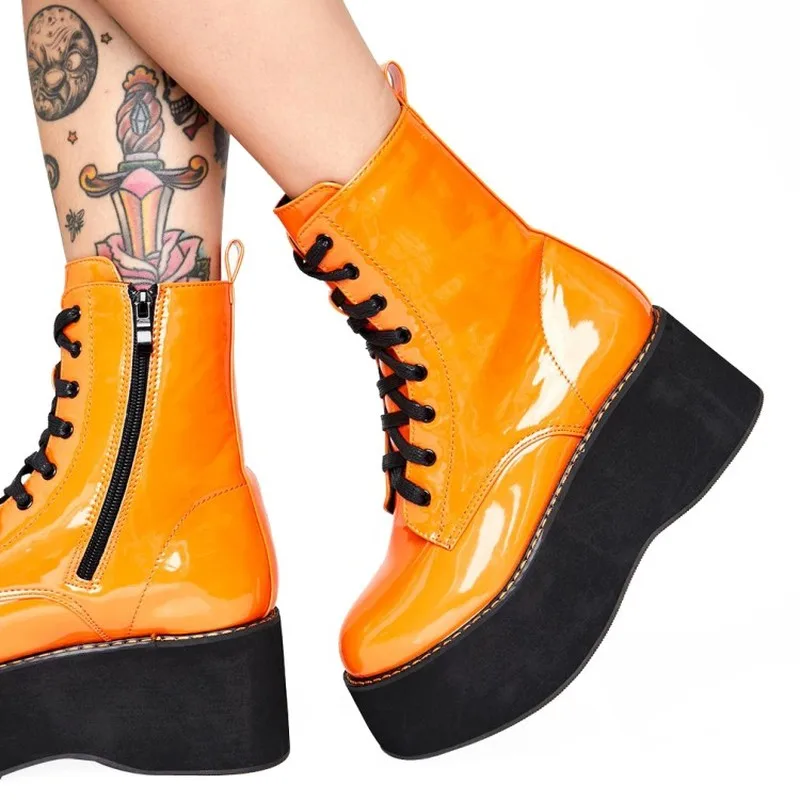 

US4-11 Womens Pointed Toe Platform Ankle Boots Wedge High Heel Lace Up Punk Cosplay Motorcycle Shoes 8Candy Colors Plus Size